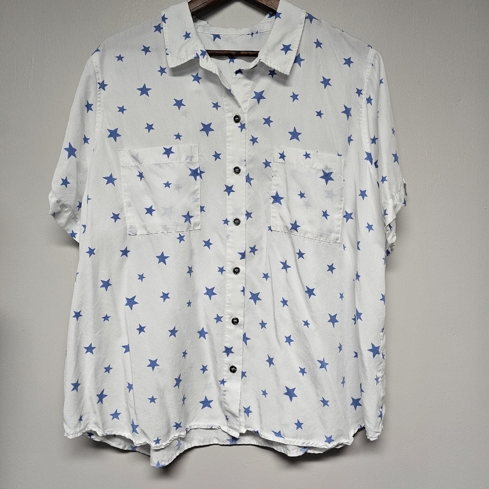 White Blue‎ Stars Patriotic Short Sleeve Button Up Preppy America USA Breathable - Picture 6 of 6